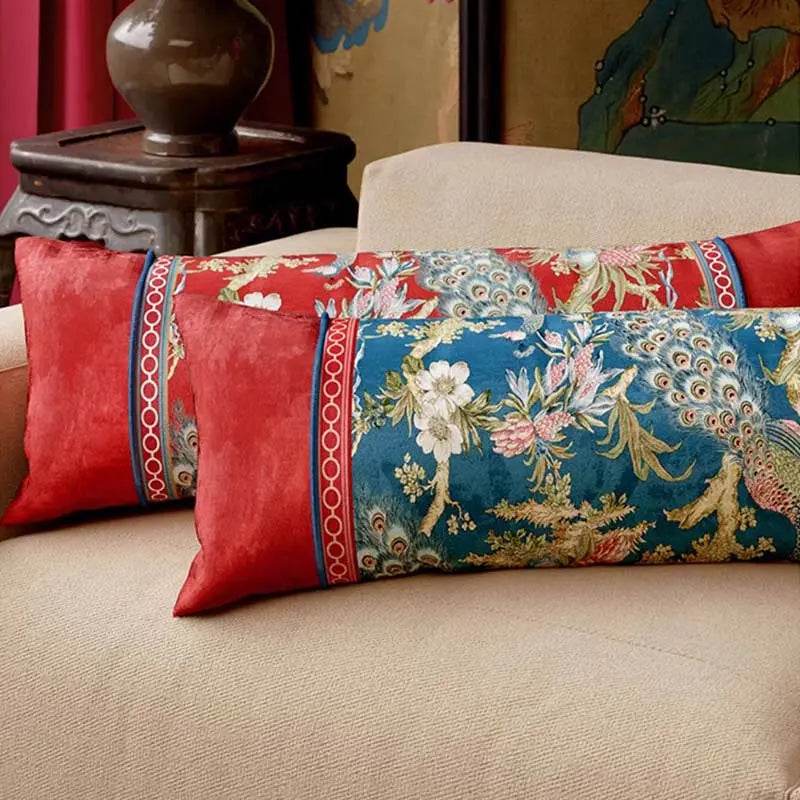 Chinoiserie Original Luxurious Peacock Long Lumbar Pillow - SinoCultural -- SJZBZ061A