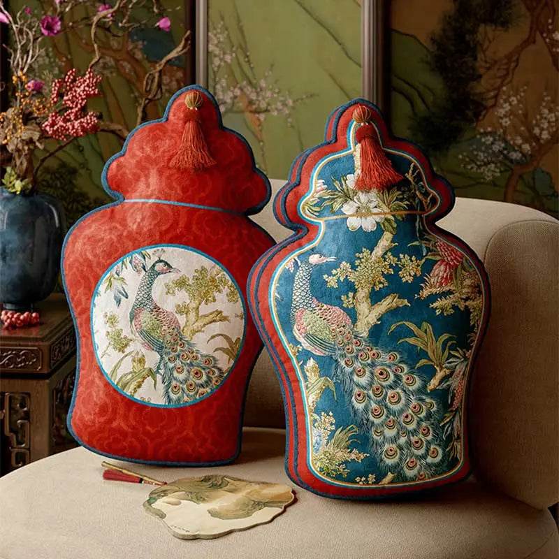 Chinoiserie Original Luxurious Vase-Shaped Peacock Lumbar Pillow - SinoCultural -- SJZBZ064A01
