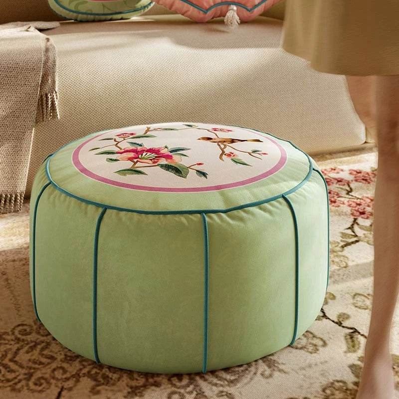 Chinoiserie Plush Flower Living Room Rest Pouf - SinoCultural -- B48J0037-2-C