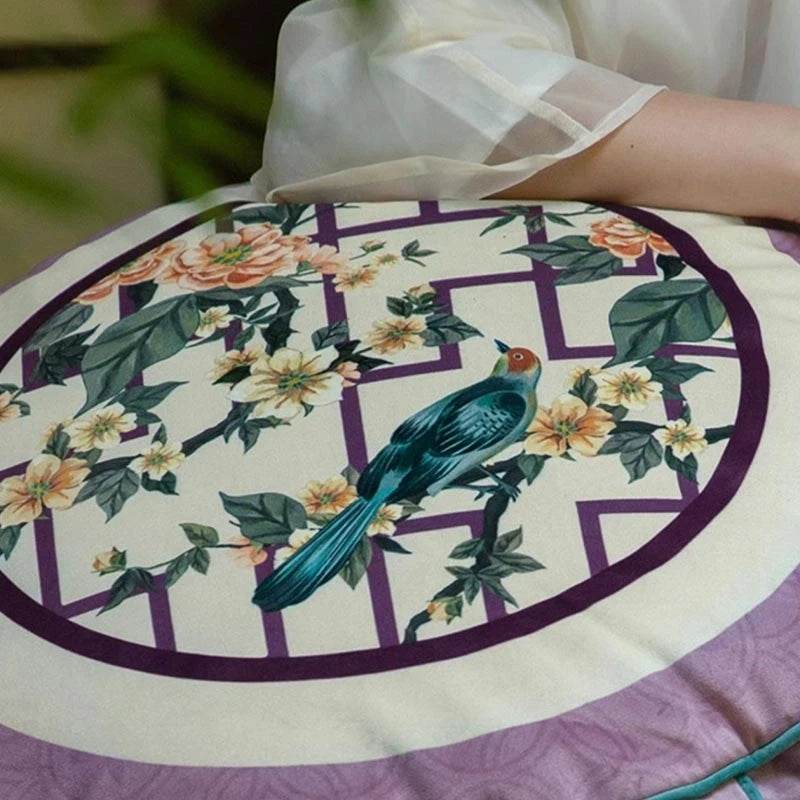 Chinoiserie Plush Flower Purple Living Room Rest Pouf - SinoCultural -- B48J0031-1-C