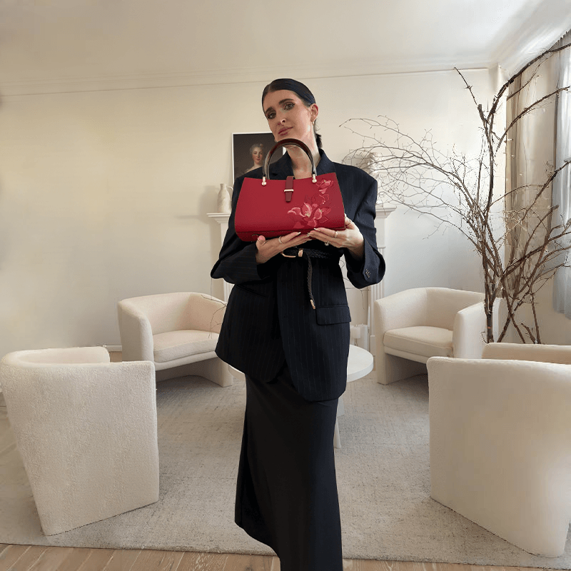 Embroidery Leather Red Magnolia Women's Crossbody Handbag - SinoCultural -- P220237
