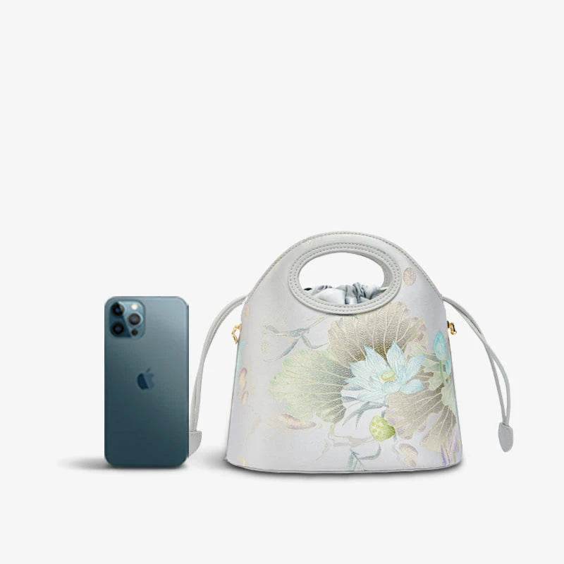 Printed Jacquard Lotus Gray Drawstring Bucket Bag - SinoCultural