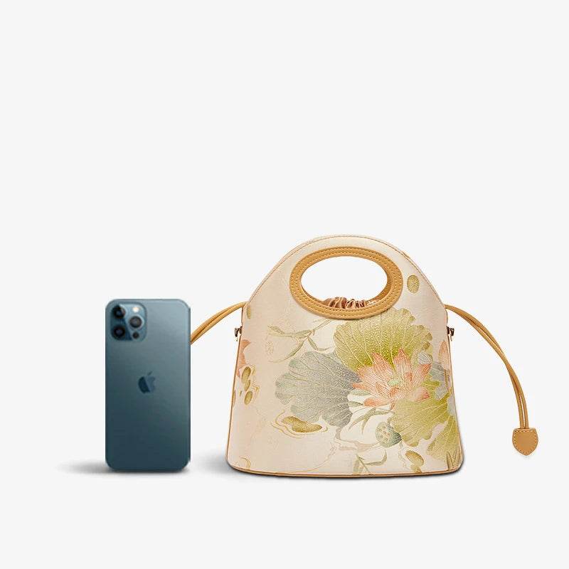Printed Jacquard Lotus Khaki Drawstring Bucket Bag - SinoCultural