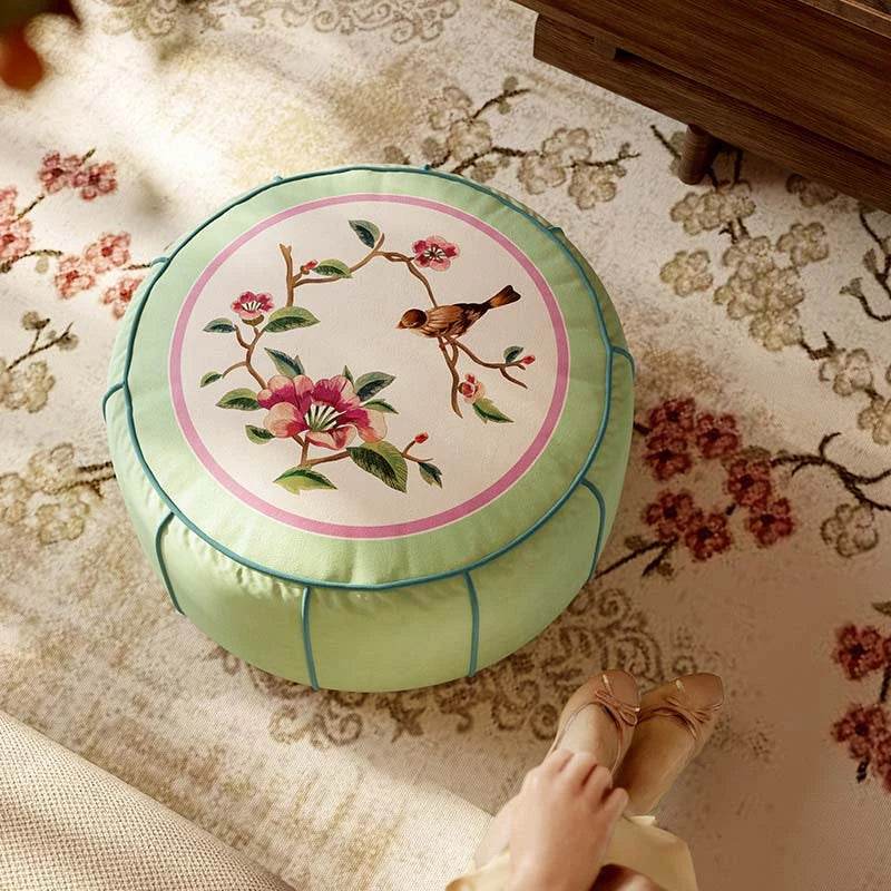 Chinoiserie Plush Flower Living Room Rest Pouf - SinoCultural -- B48J0037-2-C