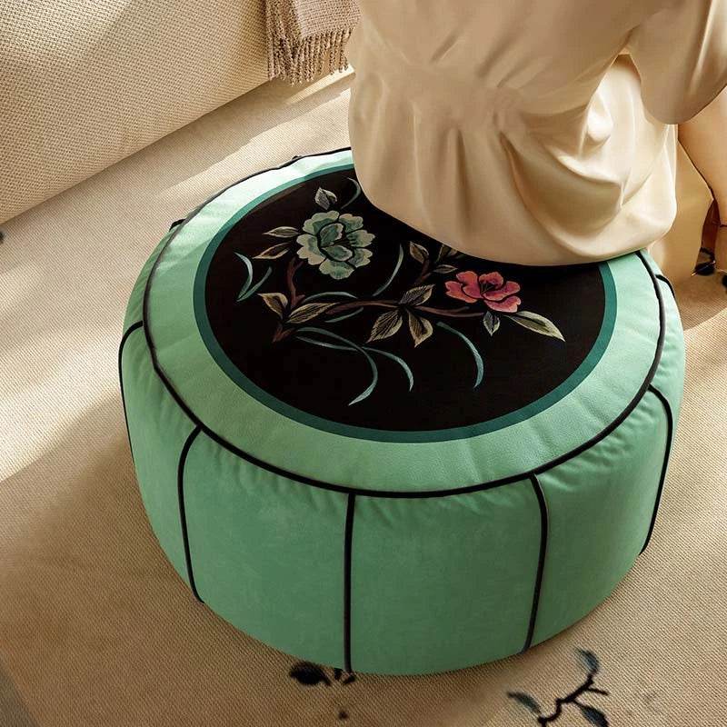 Chinoiserie Plush Green Living Room Rest Pouf - SinoCultural -- B48J0039-1-C