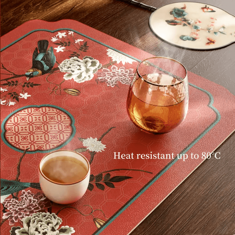 Chinoiserie Royal Red Festive Leather Tea Table Mat - SinoCultural -- TM039A15 -