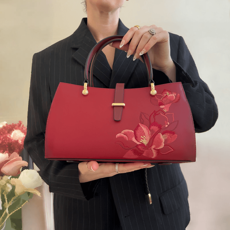 Embroidery Leather Red Magnolia Women's Crossbody Handbag - SinoCultural -- P220237