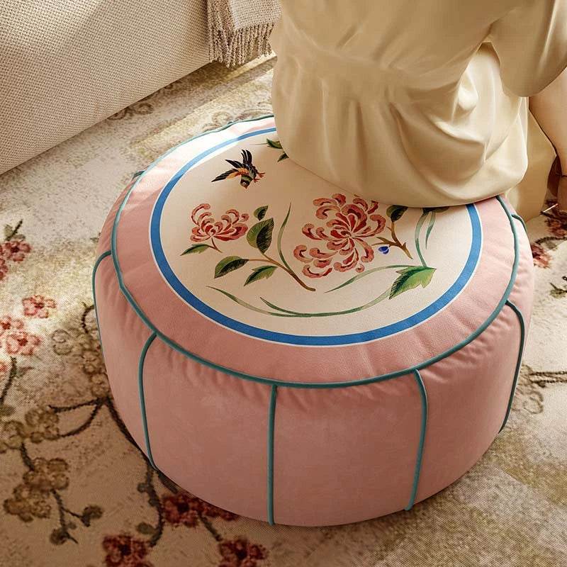 Chinoiserie Plush Flower Living Room Rest Pouf - SinoCultural -- B48J0037-2-C