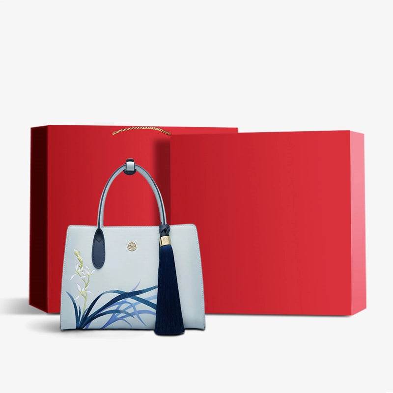 Embroidery Leather Tote Bag Blue Orchid with Pendant - SinoCultural -- P120452 -