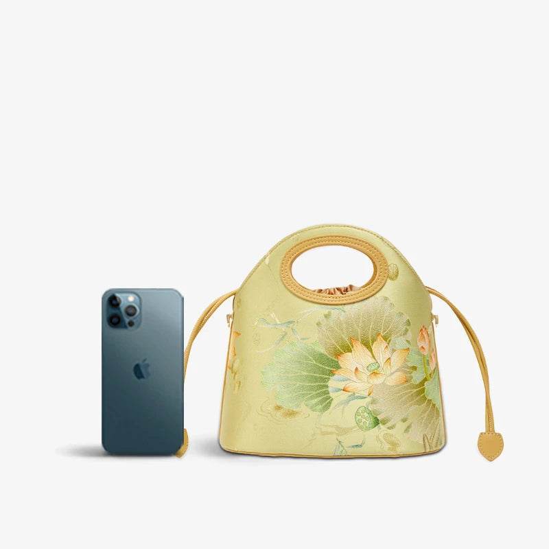 Printed Jacquard Lotus Green Drawstring Bucket Bag - SinoCultural -- LD120670-2 -