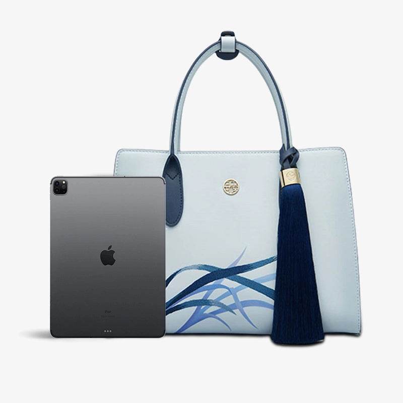 Embroidery Leather Tote Bag Blue Orchid with Pendant - SinoCultural -- P120452 -