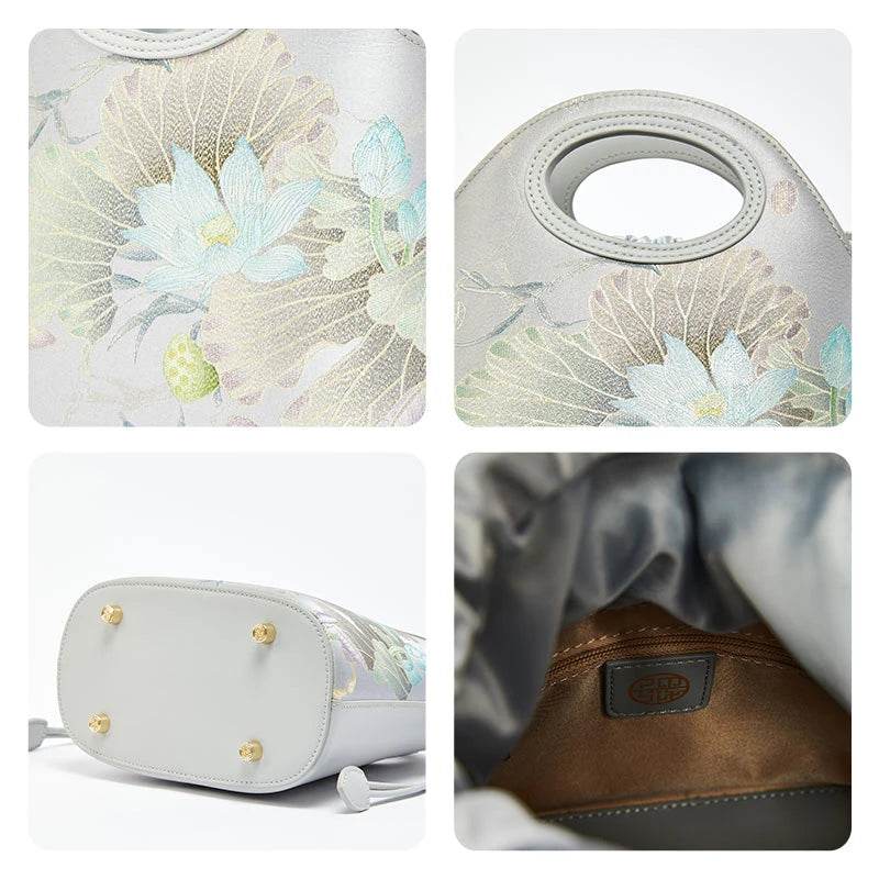 Printed Jacquard Lotus Gray Drawstring Bucket Bag - SinoCultural