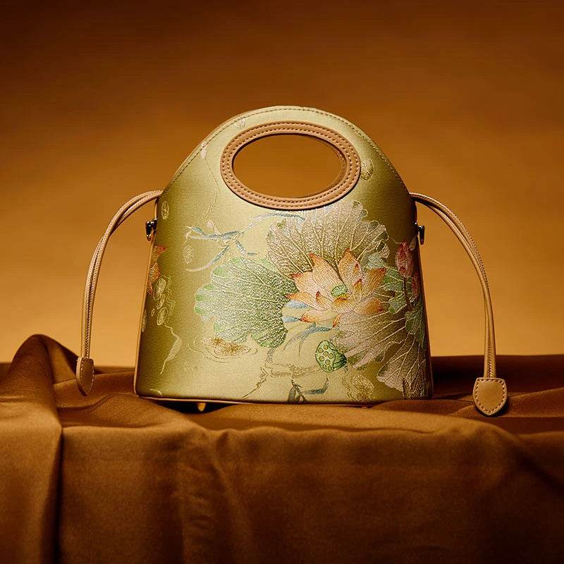 Printed Jacquard Lotus Green Drawstring Bucket Bag - SinoCultural -- LD120670-2 -