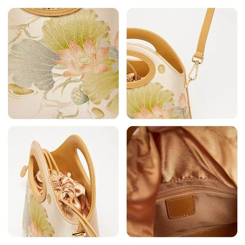 Printed Jacquard Lotus Khaki Drawstring Bucket Bag - SinoCultural