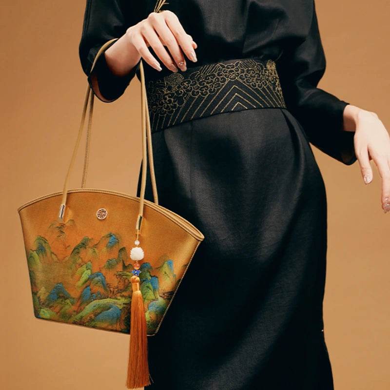 Chinese Painting Mulberry Silk Tote Bag Green Women Handbag - SinoCultural -- P220263-2