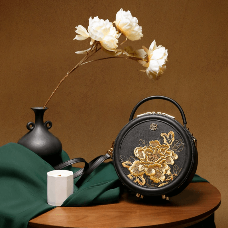 Embroidery Leather Round Handbag High Luxury Royal Gold Peony - SinoCultural -- P110171