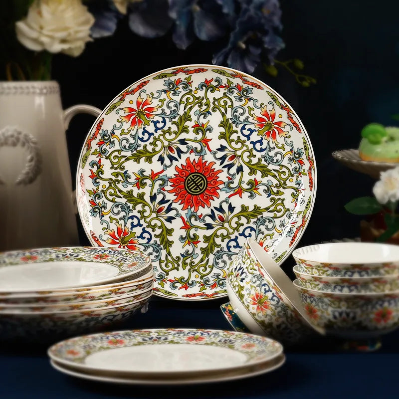 Plate standing with enamel center display and coordinating tableware.