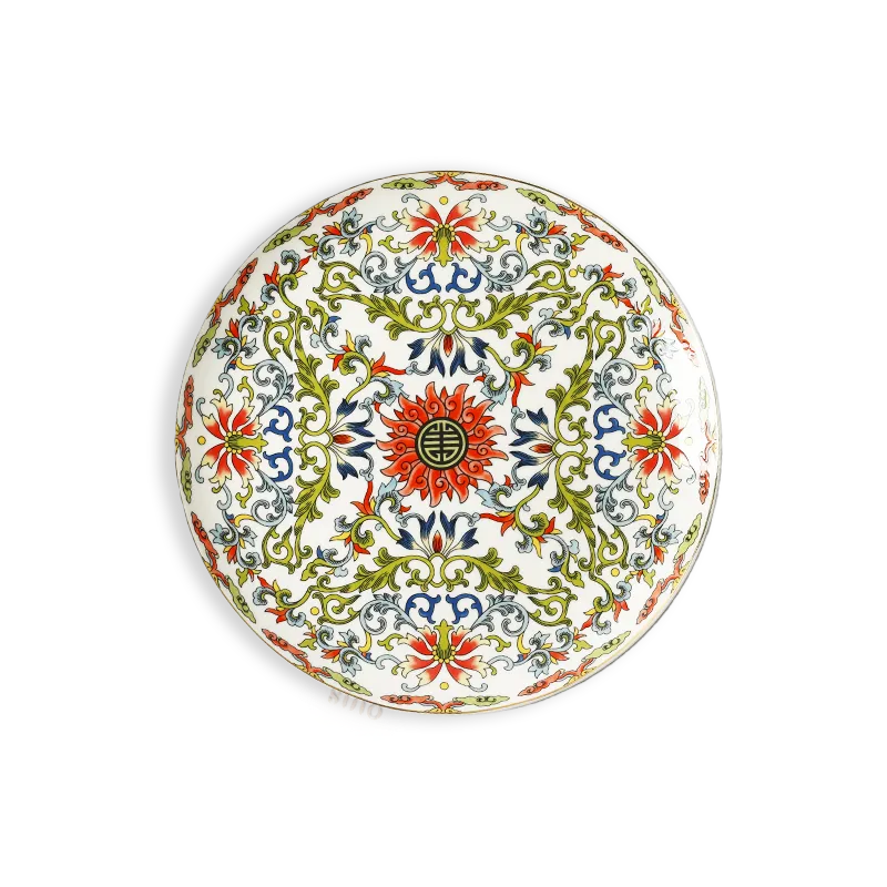 10-inch Chinoiserie bone china dinner plate on white background.