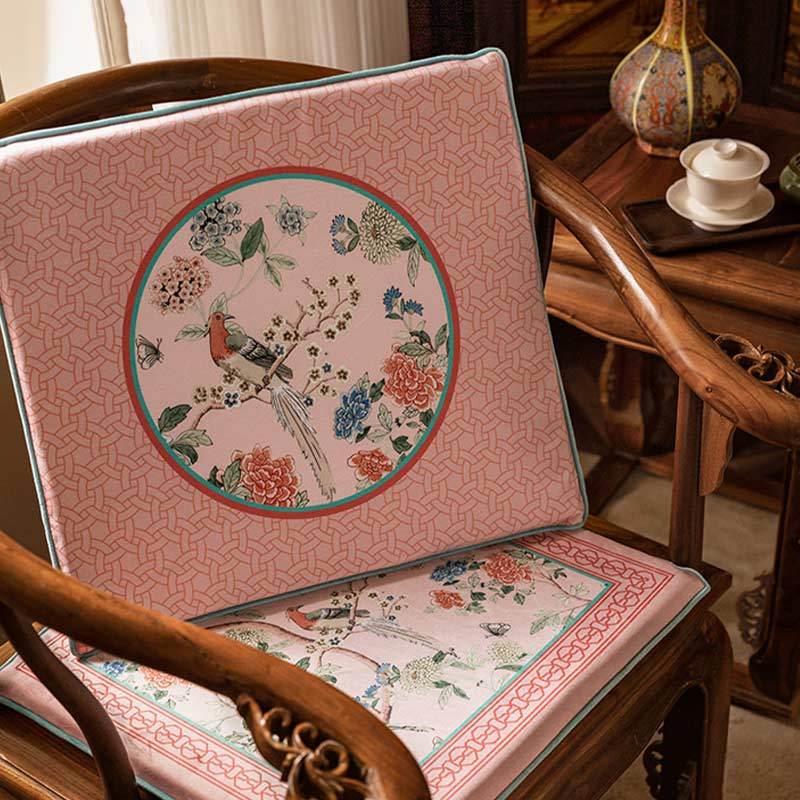Chinoiserie Spring Powder Pink High-end Wooden Chair Cushion - SinoCultural -- SC005A38 -