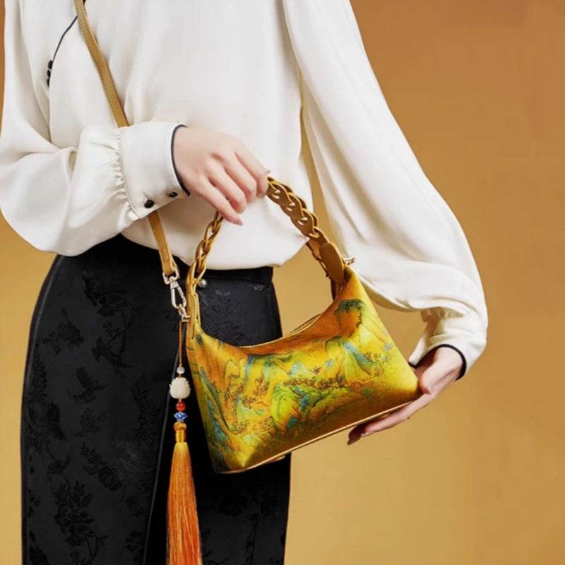 Chinese Painting Xiangyunsha Silk Shoulder Bag Designer Handbag - SinoCultural -- P170083 -