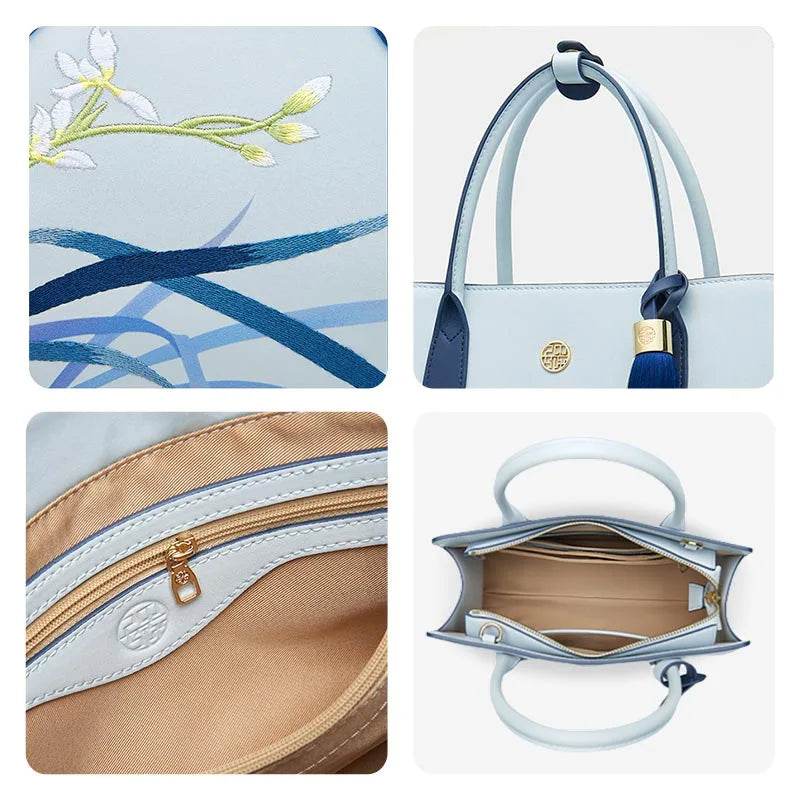 Embroidery Leather Tote Bag Blue Orchid with Pendant - SinoCultural -- P120452 -