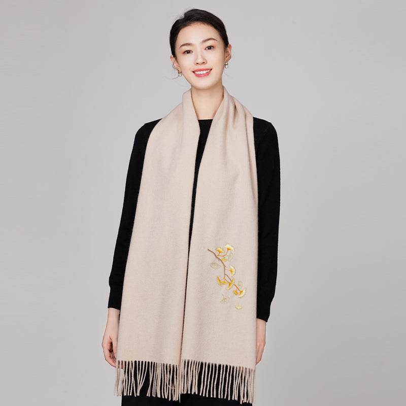 Handmade Suzhou Embroidery Wool Cashmere Scarf Shawl for Women 200x38cm - SinoCultural -- HYFSJ055-3