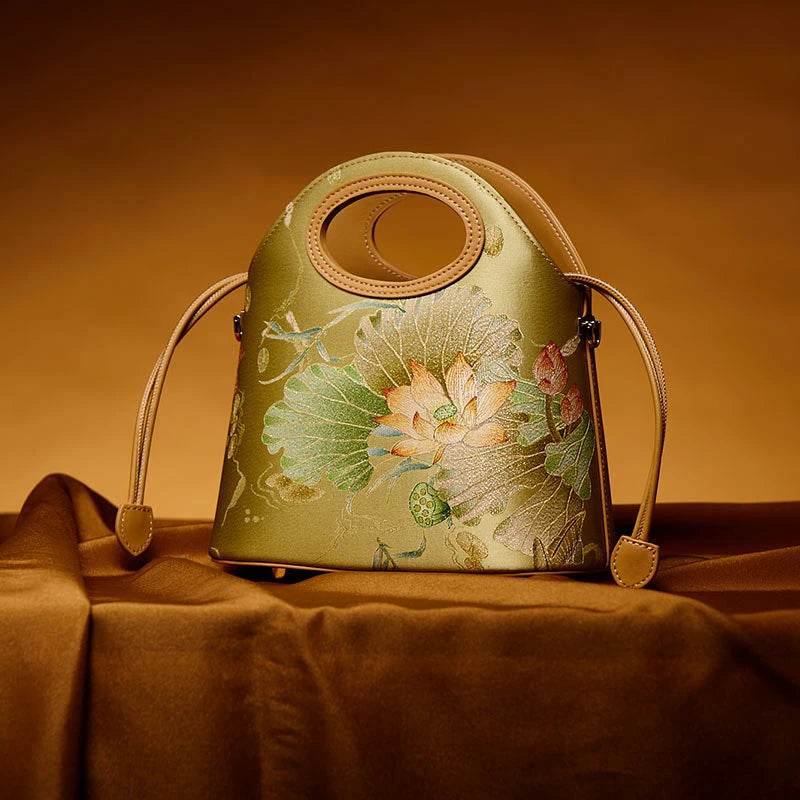 Printed Jacquard Lotus Green Drawstring Bucket Bag - SinoCultural -- LD120670-2 -