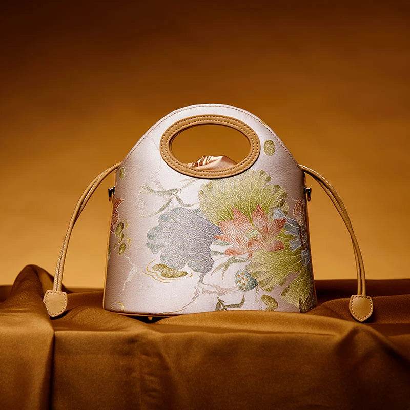 Printed Jacquard Lotus Khaki Drawstring Bucket Bag - SinoCultural