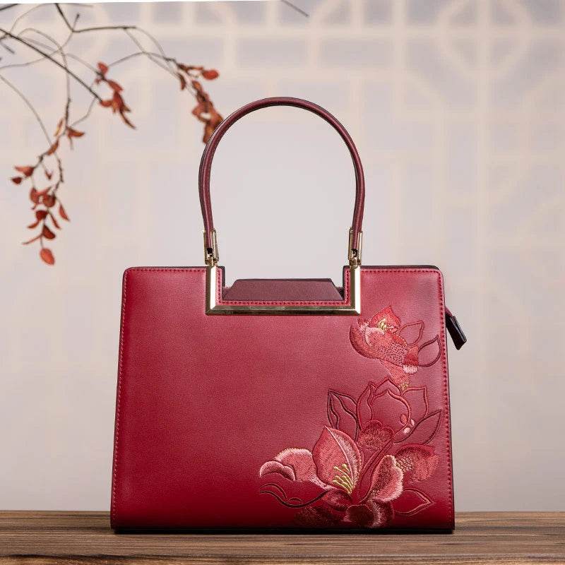 Sinocultural Embroidery Leather Red Tote Bag Magnolia Women's Handbag - SinoCultural -- P120346-1