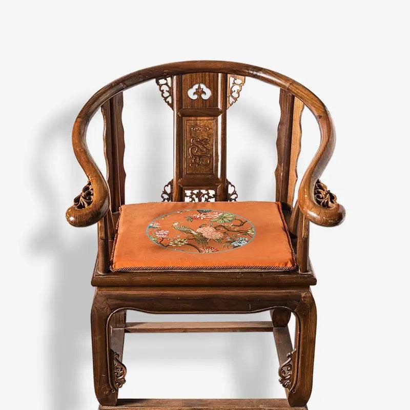 Chinoiserie Mountain Hydrangea Short Plush Wooden Chair Cushion - SinoCultural -- SC003A38 -