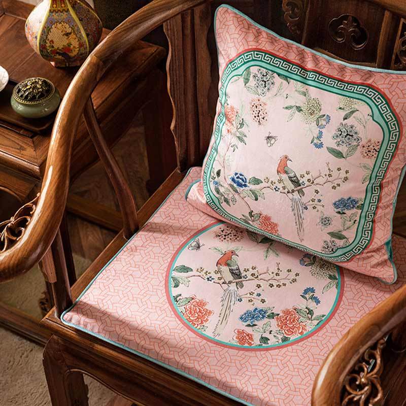 Chinoiserie Spring Powder Pink High-end Wooden Chair Cushion - SinoCultural -- SC005A38 -