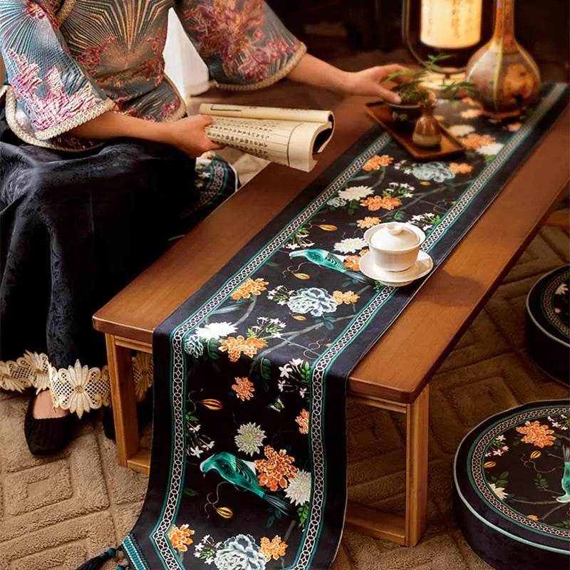 Chinoiserie Luxury Long Rectangular Black Floral Table Runner - SinoCultural -- TR026A160 -