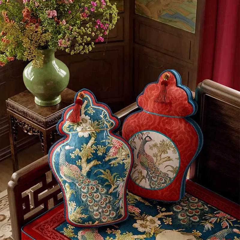 Chinoiserie Original Luxurious Vase-Shaped Peacock Lumbar Pillow - SinoCultural -- SJZBZ064A01