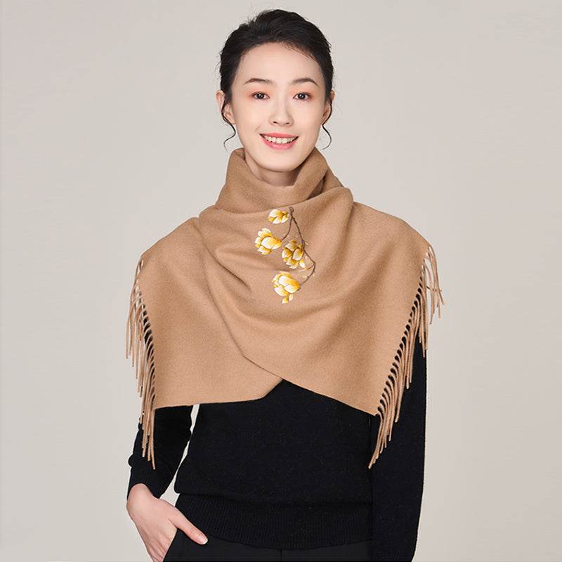 Handmade Suzhou Embroidery Wool Cashmere Scarf with Magnolia Flower 200x38cm - SinoCultural -- HYFSJ057-2