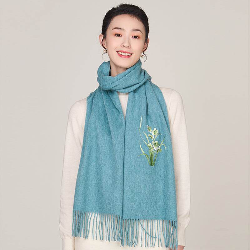 Handmade Suzhou Embroidery Wool Cashmere Scarf with Narcissus Flower 200x38cm - SinoCultural -- HYFSJ058-4