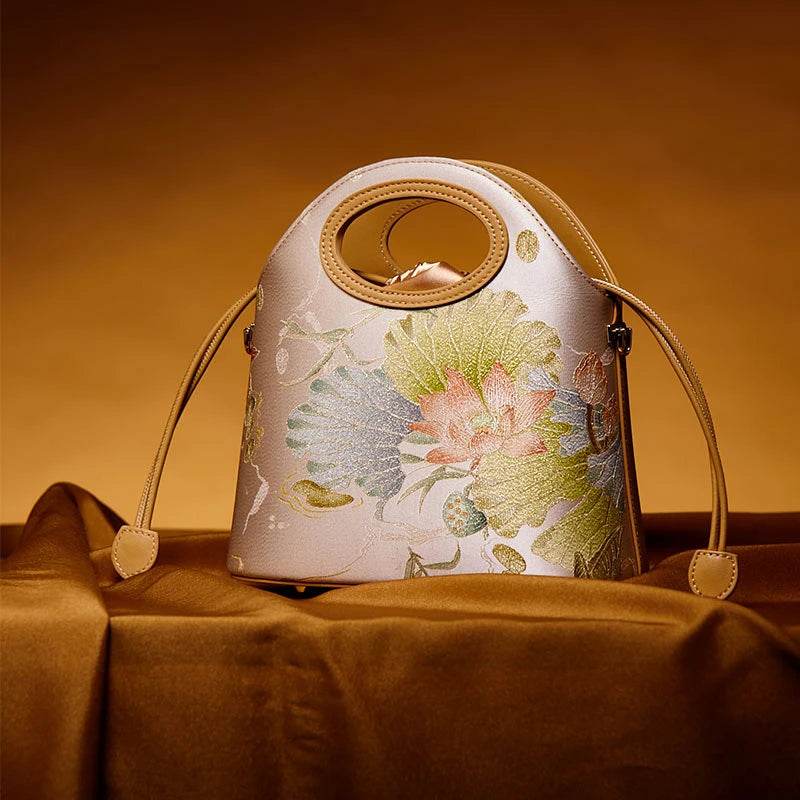 Printed Jacquard Lotus Khaki Drawstring Bucket Bag - SinoCultural