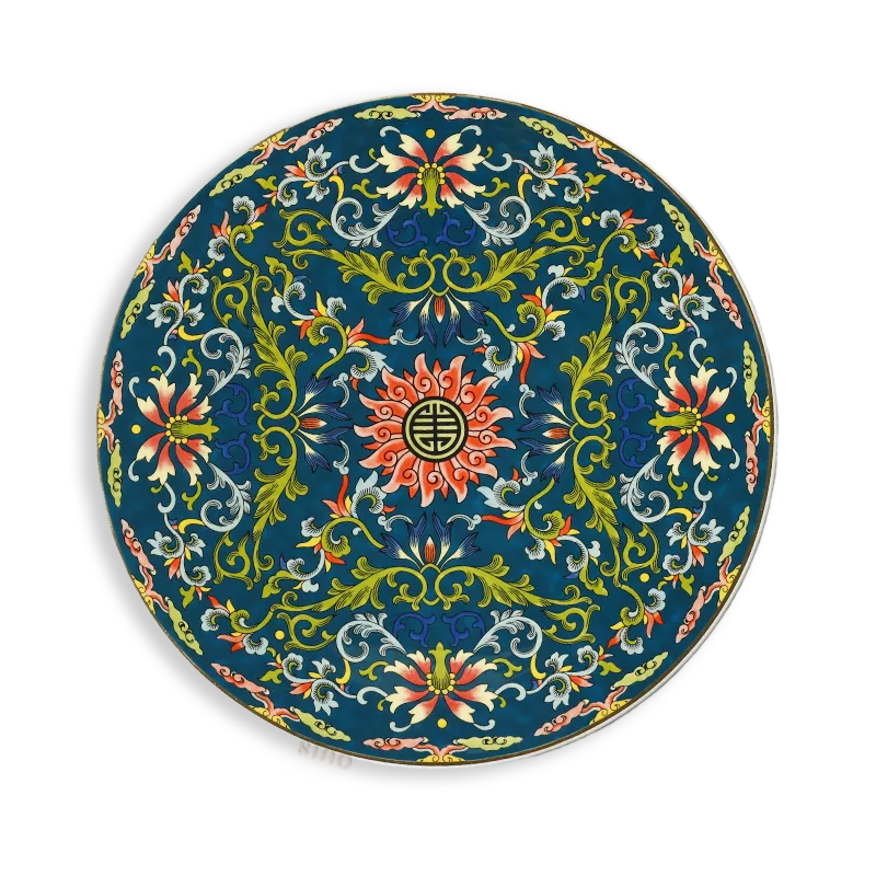 11’’ Chinoiserie Luxury Enamel Painting Bone China Round Dinner Plate on pure white background.