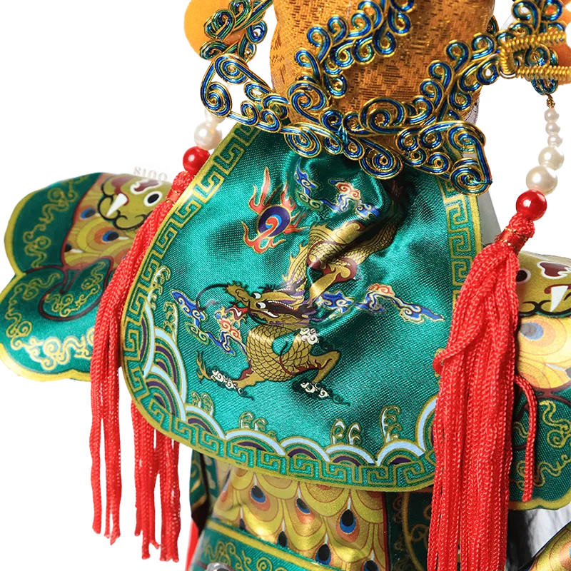 Costume back details of 12-inch Guan Yu doll (embroidered green-and-yellow robe).