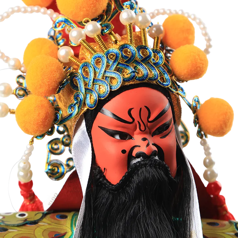 Head details of 12-inch Guan Yu doll (ornate coronet, red face, long black beard).