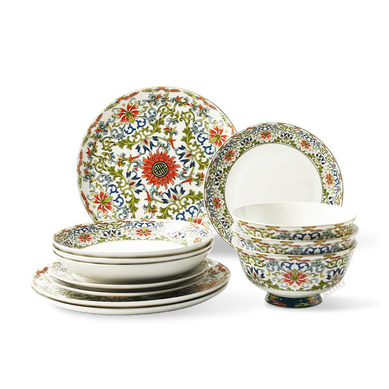 12-piece bone china casual dinnerware set: three 10" plates, three 8" plates, three meal plates, three 6" footed bowls stacked on white background.