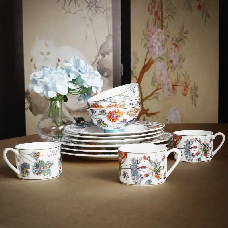12-piece set: stacked plates, bowls, and coordinating coffee cups.