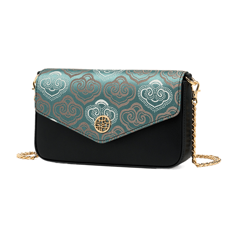Embroidery Leather Flap Clutch Bag Auspicious Clouds Handbag - SinoCultural -- 1245251-5 -