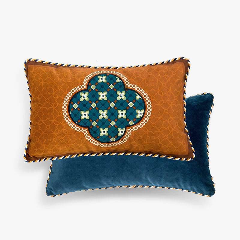 Chinoiserie Blue-Orange Classic Short Plush Lumbar Pillow - SinoCultural -- WP006A01
