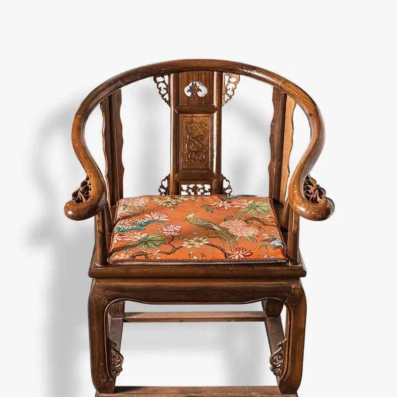 Chinoiserie Mountain Hydrangea Short Plush Wooden Chair Cushion - SinoCultural -- SC003A38 -
