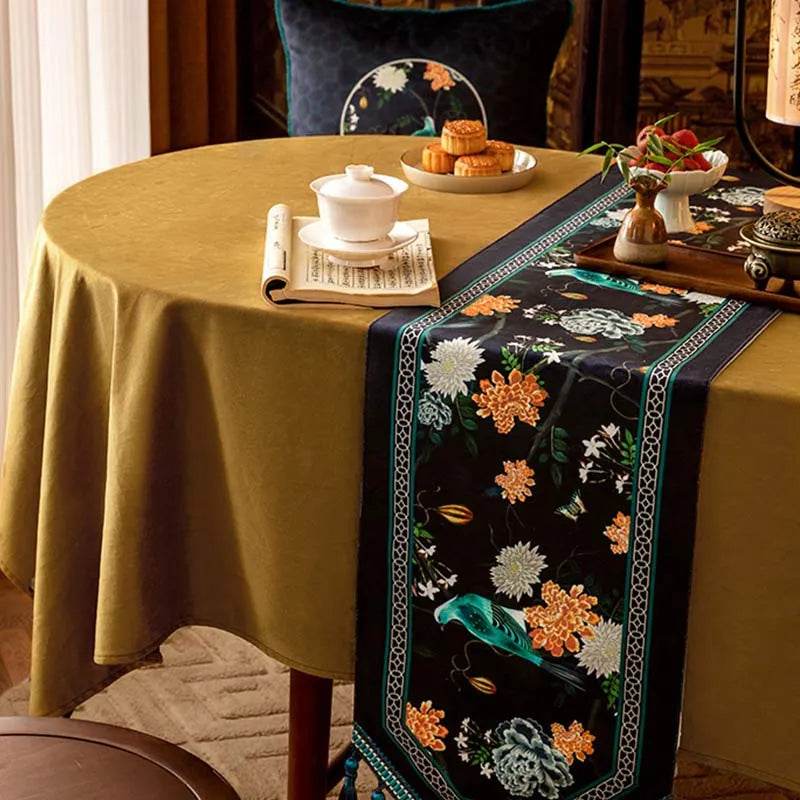 Chinoiserie Luxury Long Rectangular Black Floral Table Runner - SinoCultural -- TR026A160 -