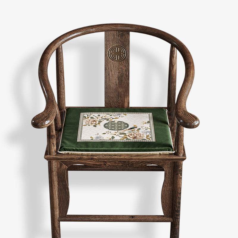 Chinoiserie Warm Spring Dark Green Flower and Birds Chair Cushion - SinoCultural -- SC012A38 -