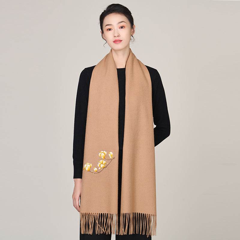 Handmade Suzhou Embroidery Wool Cashmere Scarf with Magnolia Flower 200x38cm - SinoCultural -- HYFSJ057-2