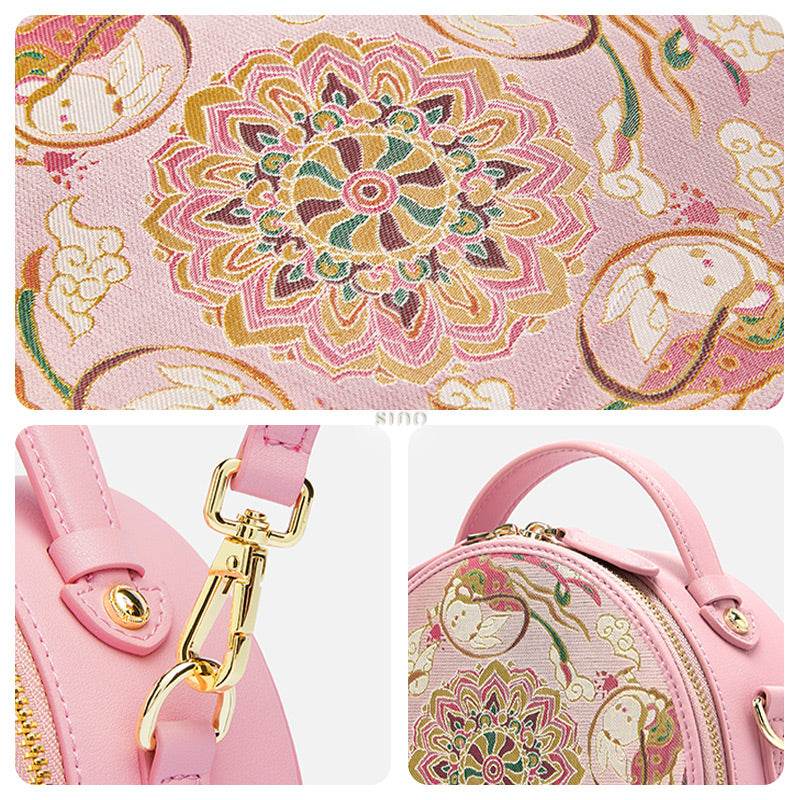 Song Brocade Powder Round Bag Lotus & Lucky Rabbit Pattern - SinoCultural -- P12065502LP-1
