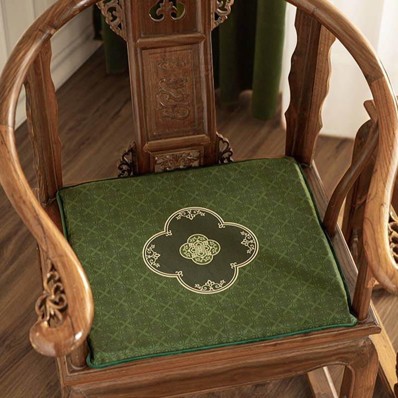 Chinoiserie Dark Green Vintage Short Plush Chair Cushion - SinoCultural -- SC001A38 -