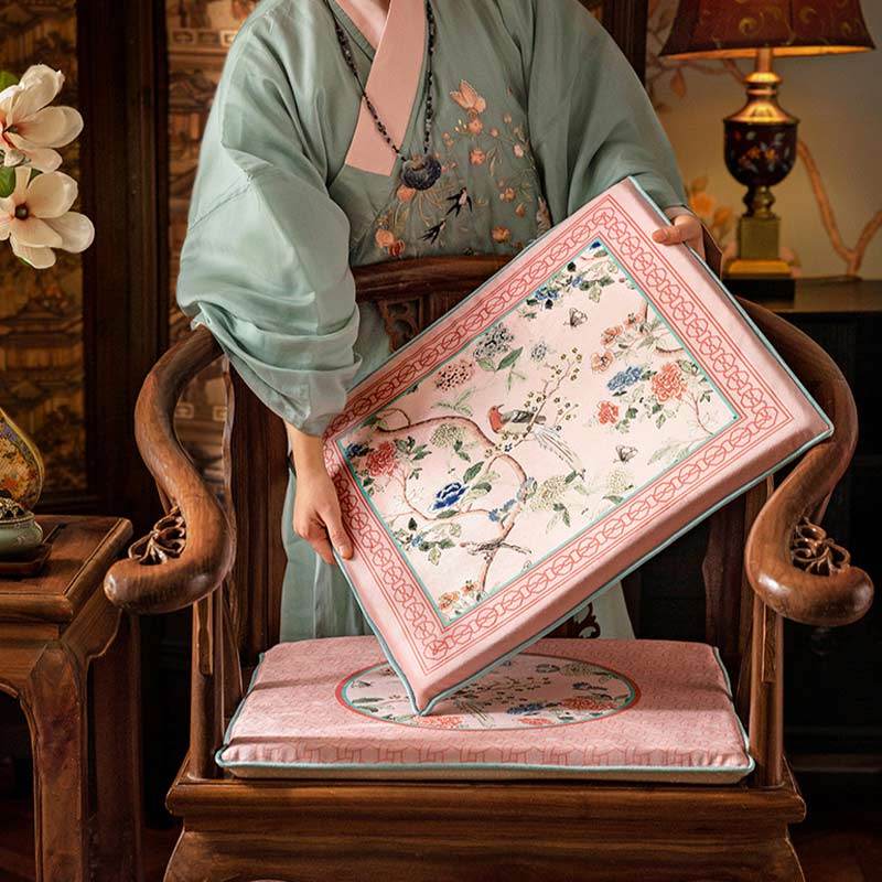 Chinoiserie Spring Powder Pink High-end Wooden Chair Cushion - SinoCultural -- SC005A38 -